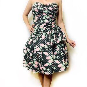 Gunne Sax Vintage Cocktail Prom Formal Rosebud Polka Dot Strapless Dress
